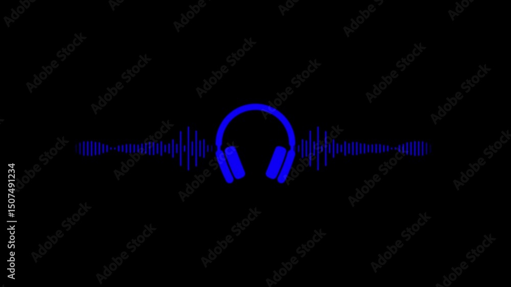 Poster digital music signal and headphone icon animation on black background.abstract music sound wave or a