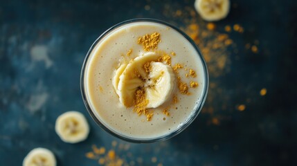 Protein Shake in Clear Glass with Banana Slices.