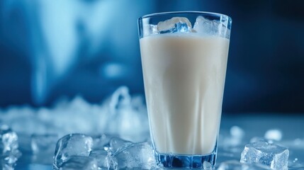 Protein Shake in Tall Glass with Ice Cubes