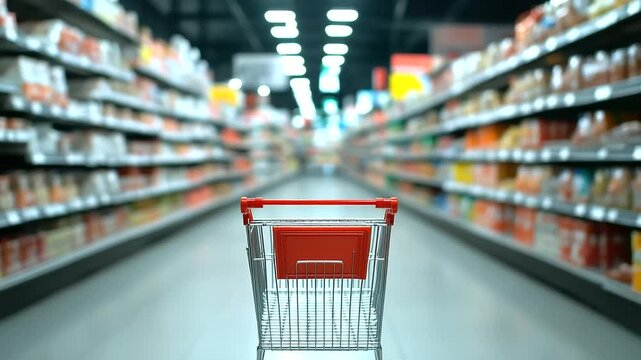 A meticulously arranged supermarket aisle with a shopping cart in the center, empty yet ready to be filled with groceries and household necessities.