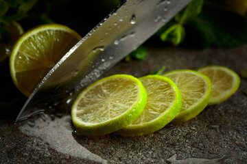 Knife, slices of lime and sprigs of fresh mint.