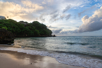Nature vacation background, sunset at Padang Padang Beach in Bali Indonesia