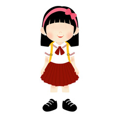Happy Young Schoolgirl Cartoon with Straight Hair and Pink Headband, Dressed in Red and White Uniform, Carrying a Yellow Backpack - Ready for Elementary School and Learning
