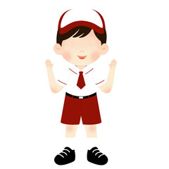 Indonesian Elementary School Children with Hats and Uniforms Waving Hello
Suitable for Welcome to School Theme, introductory materials for children, school social media, new student illustrations