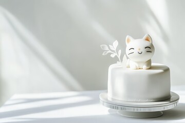 Minimalist white cake with cute cat topper and leaf decoration on sunlit table