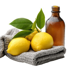 A folded microfiber cloth next to a bottle of natural kitchen cleaner and fresh lemons isolated on transparent background