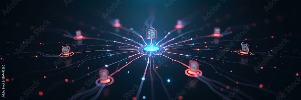 Poster glowing digital spiderweb capturing data files — ideal for illustrating surveillance systems, tracki
