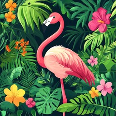 Pink flamingo amidst lush tropical foliage.