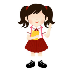 Vibrant Cartoon Illustration of a Happy Schoolgirl with Backpack Straps and a Bright Yellow Book, Symbolizing Learning and Positive School Experiences