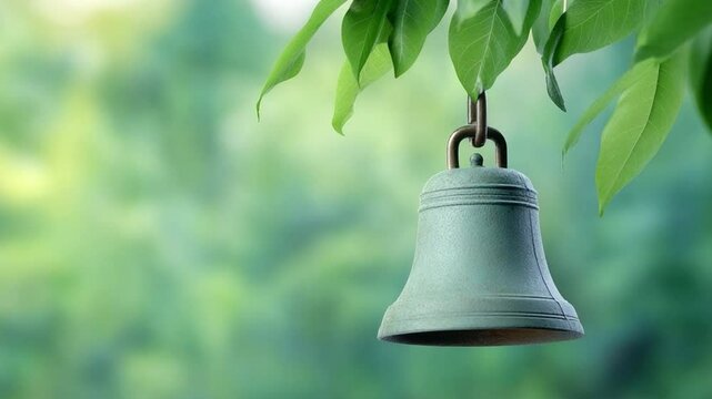 Echoes in Nature's Embrace: A serene, antique bell hangs gracefully amidst the soft embrace of verdant leaves, offering a moment of reflection within the tranquil natural world.