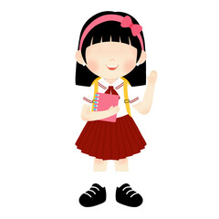 Happy Asian Schoolgirl in Red and White Uniform, Carrying a Pink Notebook and Waving - Ideal for Education Concepts