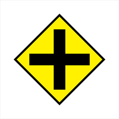 Obraz premium icon crossroad traffic.eps Vector illustration of a yellow crossroad traffic sign with a black plus symbol. Minimalist and clean design, perfect for road safety projects, digital maps, navigation app