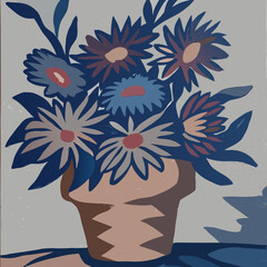 Oil painting of a vibrant aster bouquet in a rustic clay pot on canvas, rich in color and texture.