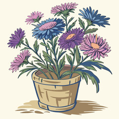 Oil painting of a vibrant aster bouquet in a rustic clay pot on canvas, rich in color and texture.