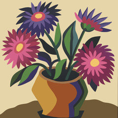 Oil painting of a vibrant aster bouquet in a rustic clay pot on canvas, rich in color and texture.