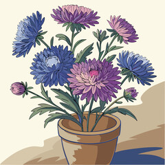 Oil painting of a vibrant aster bouquet in a rustic clay pot on canvas, rich in color and texture.