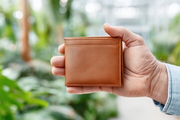 Stylish leather wallet held in hands amid vibrant greenery at a modern outdoor setting