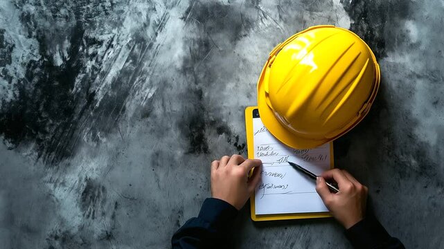A worker&rsquo;s hands holding a high-visibility yellow helmet, clipboard with handwritten inspection points, and a pen, preparing for an on-site assessment.