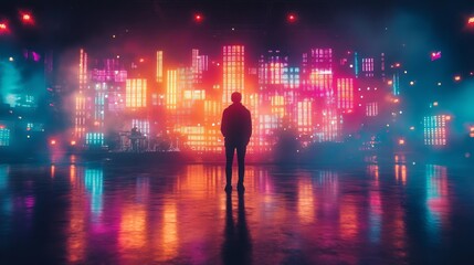 Man standing in front of stage with bright lights and audience in background