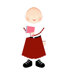 Smiling Muslim Schoolgirl in Red and White Uniform with Hijab, Holding a Pink Book - Ready for Learning