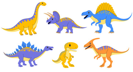 Collection of colorful dinosaurs on white background.