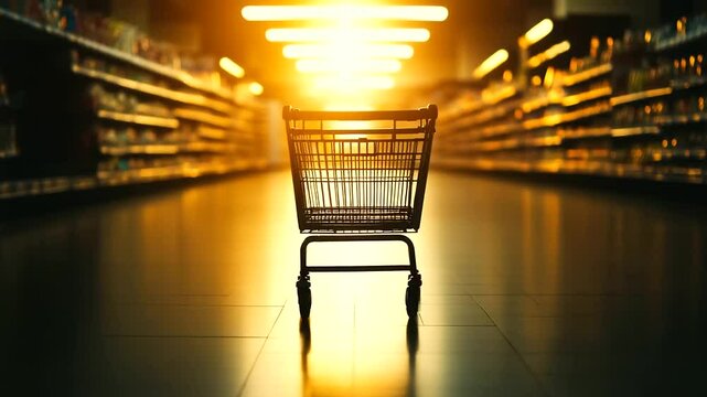 An empty supermarket cart stands alone in a well-lit grocery store aisle, symbolizing endless choices and the shopping experience ahead.