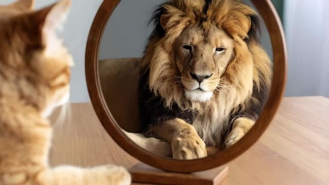 Ginger cat stares into a circular mirror revealing the reflection of a majestic lion, showcasing self-perception and aspiration on wood