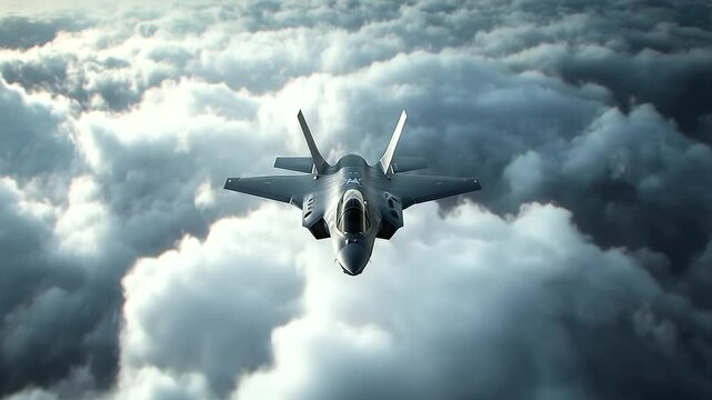 An F- Lightning stealth jet climbing steeply into the atmosphere, its grey paint job blending into the surrounding cloud cover for a tactical advantage.