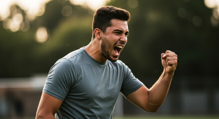 Young man celebrating with a fist pump during evening sports  