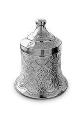 Polished Metal Canister with Engraved Floral Pattern and Lid – Isolated Cutout on Transparent Background