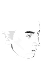 close up sketch portrait of woman's face from the side with white background