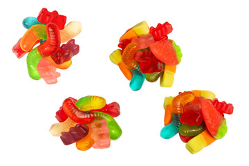 Assorted colorful gummy candies isolated on a white background. Top view. Jelly  sweets.