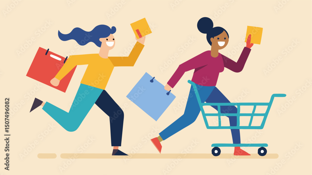 Poster dynamic duo two lively friends one with a shopping list and another snapping a photo racing together