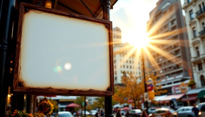 Obraz premium a city street with a wooden sign in foreground against a bright sunset behind buildings, inviting viewers to imagine what could be posted on it.