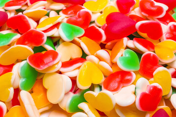 Juicy colorful jelly sweets. Gummy candies. Hearts.