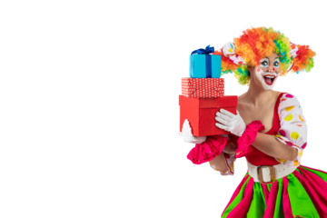 Funny female clown with gifts, woman entertainer dressed as a colorful Joker in a suit and wig, with clown whiteface makeup. She is a trickster, jester, pantomime, mime, professional actor at events