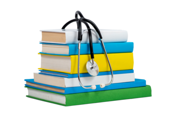 Medical literature concept. Books and stethoscope. Medical students studying.