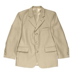 Classic fit classic men's suit, jacket, trousers, isolated background. Beige, brown color
