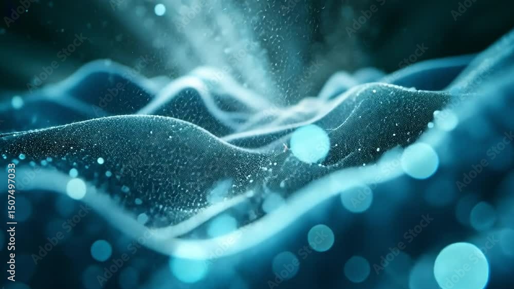 Poster mesmerizing abstract waves and particles flow of light and texture in blue depth, evoking tranquilit