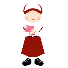 Indonesian Schoolgirl Graphic in Red Skirt and White Top, Covered with Hijab, Enthusiastically Holding a Pink Spiral Notebook, Ready for Study Vector