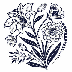 Zentangle-style still life of Dutch master flowers in black and white. Intricate vector illustration.