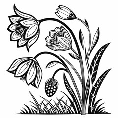 Zentangle-style still life of Dutch master flowers in black and white. Intricate vector illustration.