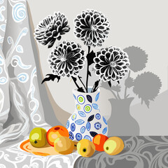 Zentangle-style still life of Dutch master flowers in black and white. Intricate vector illustration.