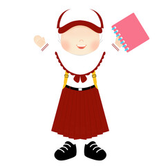 Smiling Elementary Student Character with Hijab Wearing Traditional Indonesian School Uniform, Proudly Presenting a Pink Notebook, Vector Art for Learning
