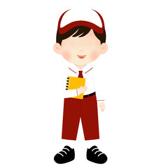Cheerful Indonesian Elementary School Boy in Red Shorts Uniform with Cap, Holding a Yellow Notebook - Ideal for Back to School, Learning, and Student Character Designs