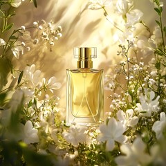 Golden perfume bottle surrounded by white flowers.