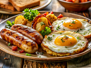 Ultimate Breakfast Indulgence. Perfectly Cooked Eggs, Savory Sausages and Fresh Veggies. Delicious food background