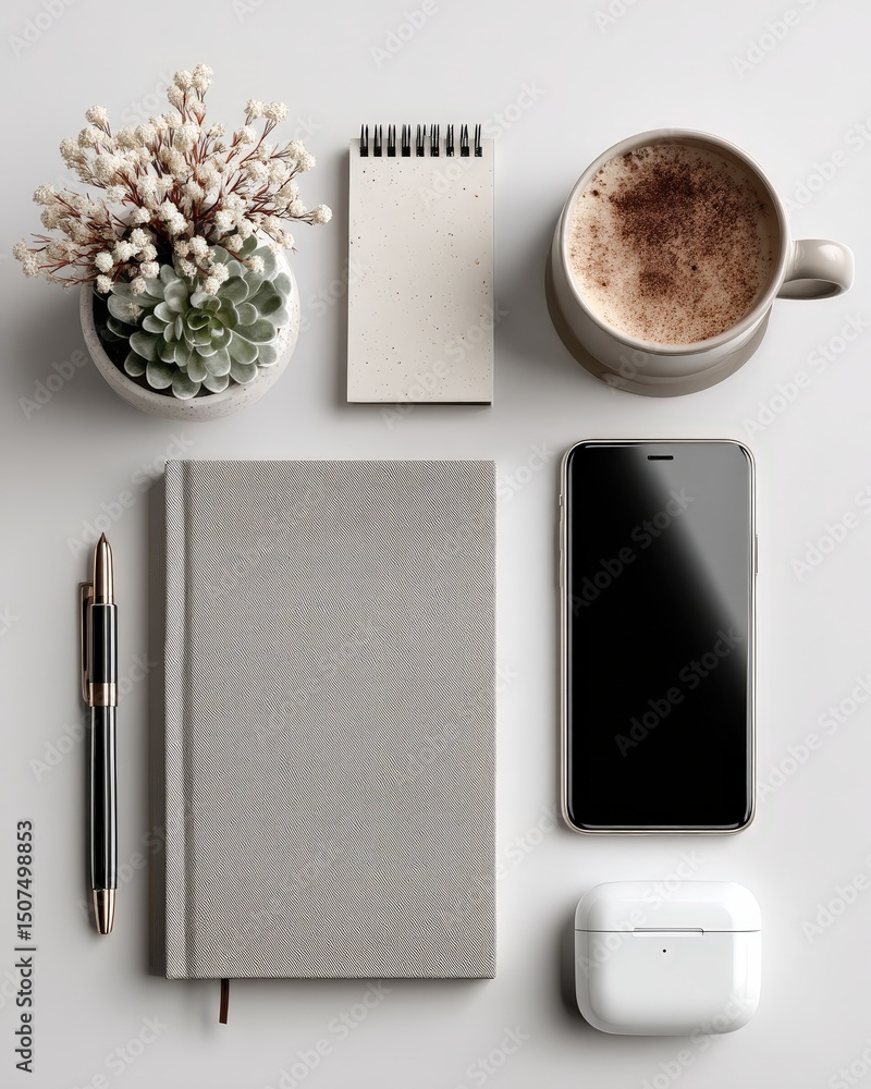 Poster minimal workspace flat lay modern workspace with notebook, coffee, and smartphone on a table.