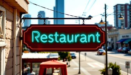 an urban setting with a prominent sign reading "restaurant" in neon.