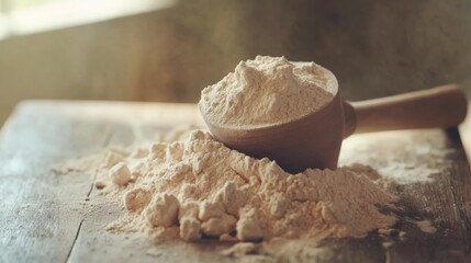 Heap of Protein Powder with Scoop on Wooden Table